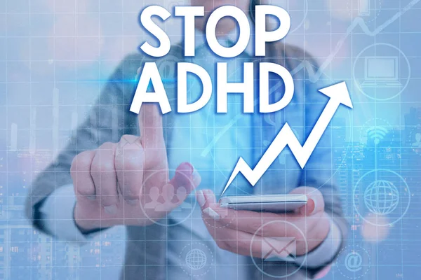 Skriva lapp som visar Stop Adhd. Affärsfoto visa upp behandla en störning som påverkar hjärnan och beteenden hos ett barn Pil symbol går uppåt visar betydande prestation. — Stockfoto