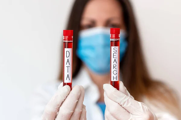 Handwriting text Data Search. Concept meaning gathers and reports information contains specified terms Laboratory blood test sample shown for medical diagnostic analysis result. — Stock Photo, Image