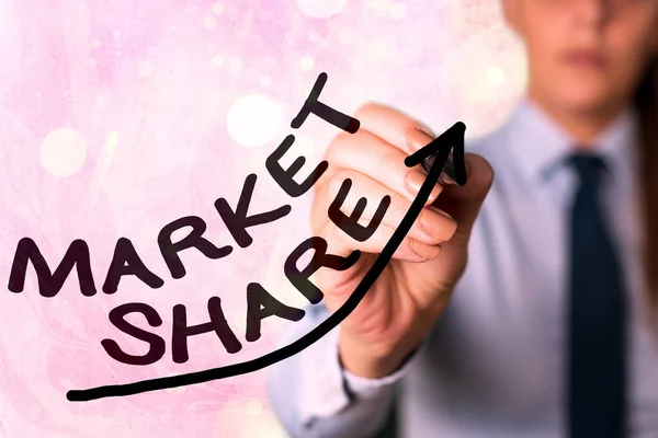 Writing note showing Market Share. Business photo showcasing The portion of a market controlled by a particular company Digital arrowhead curve denoting growth development concept.