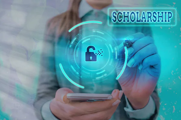 Conceptual hand writing showing Scholarship. Business photo text grant or payment made to support a student s is education Graphics padlock for web data security application system.