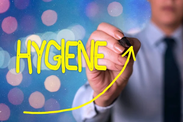 Hygiene 을 보여 주는 문자 표지판. 건강 디지털 화살촉 곡선의 설립 및 유지에 대한 원래의 사진 연구 성장 개발 개념을 나타내는 상승. — 스톡 사진