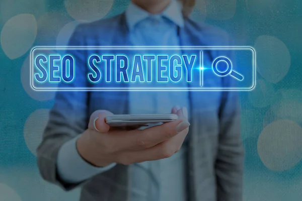 Text sign showing Seo Strategy. Conceptual photo Techniques and tactics to increase the visitors of a website Web search digital information futuristic technology network connection. — Stock Photo, Image