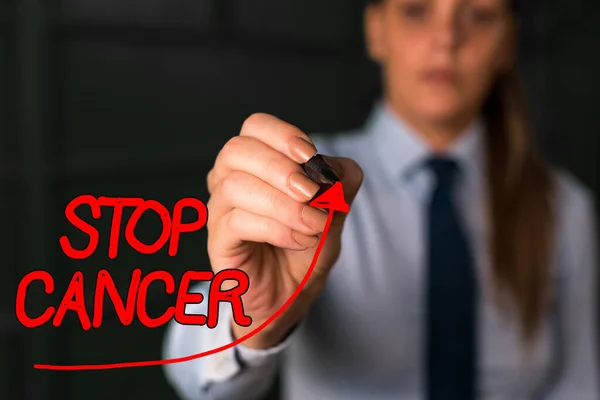 Word writing text Stop Cancer. Business concept for prevent the uncontrolled growth of abnormal cells in the body digital arrowhead curve rising upward denoting growth development concept. — Stock Photo, Image