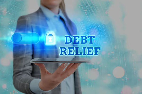 Text sign showing Debt Relief. Conceptual photo partial or total remission of it especially those by countries Graphics padlock for web data information security application system. — Stock Photo, Image