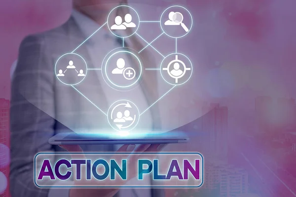 Text sign showing Action Plan. Conceptual photo list of things or schedule to be made thia current year Information digital technology network connection infographic elements icon. — Stock Photo, Image