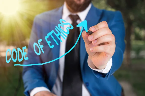 Conceptual hand writing showing Code Of Ethics. Business photo text basic guide for professional conduct and imposes duties Digital arrowhead curve denoting growth development concept. — Stock Photo, Image