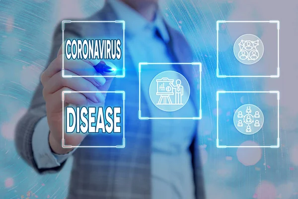 Conceptuele handschrift toont Coronavirus ziekte. Zakelijke foto presentatie gedefinieerd als ziekte veroorzaakt door een nieuw virus SARSCoV2 Grids en verschillende pictogrammen nieuwste digitale technologie concept. — Stockfoto