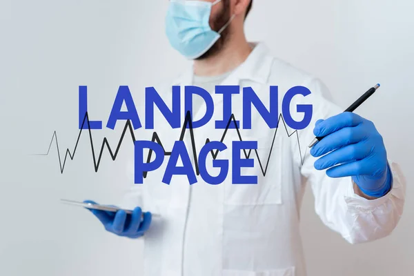 Scrittura concettuale a mano che mostra la Landing Page. Testo della foto aziendale a cui si accede facendo clic su un link su un'altra pagina Web Tecnico di laboratorio dotato di smartphone in carta autoadesiva. — Foto Stock