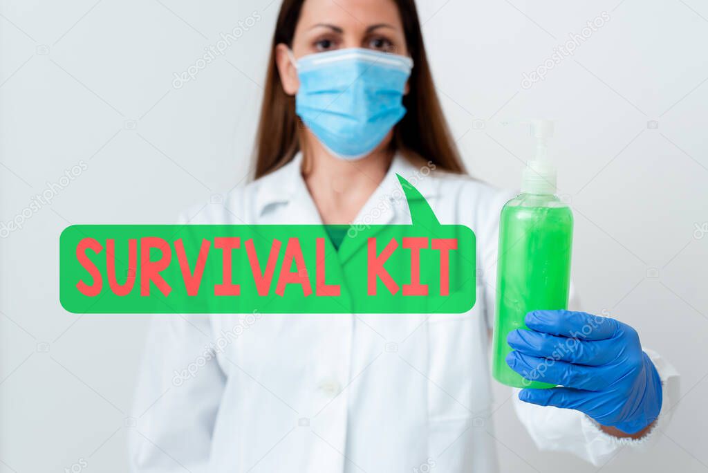 Word writing text Survival Kit. Business concept for Emergency Equipment Collection of items to help someone Laboratory blood test sample shown for medical diagnostic analysis result.