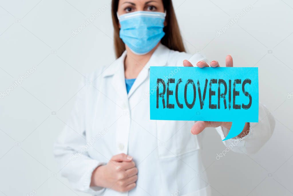 Text sign showing Recoveries. Conceptual photo process of regaining possession or control of something lost Laboratory technician featuring empty sticker paper accessories smartphone.