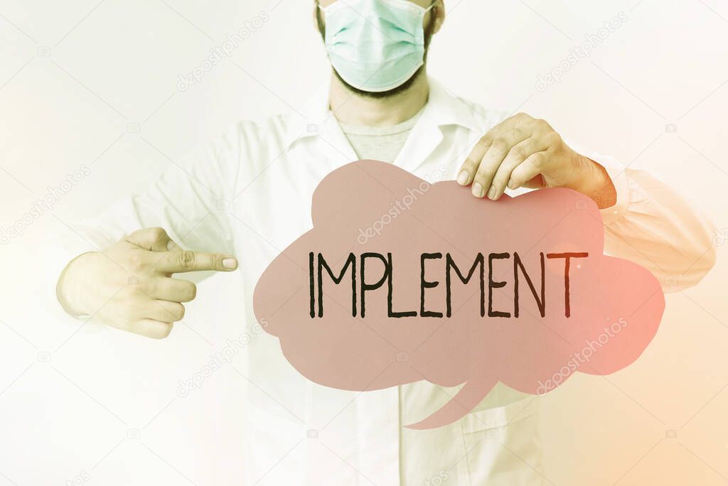 Writing note showing Implement. Business photo showcasing to provide instruments or means of expression for something Laboratory Technician Featuring Sticker Paper Smartphone.