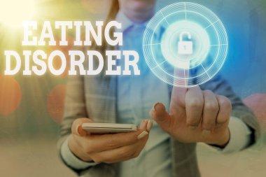 Metin yazma, yeme bozukluğu. Hastalıklar için iş kavramı veya yeme alışkanlıklarında ciddi rahatsızlıklar web veri bilgi güvenlik uygulama sistemi için asma kilit.