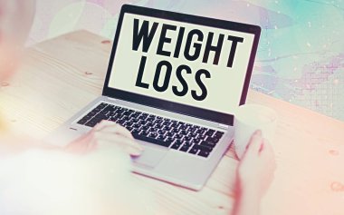 Kelime yazma Kilo Verme mesajı. Sıvı kaybı nedeniyle toplam vücut kütlesinin azaltılması için iş konsepti. Renkli bokeh arkaplan altında beyaz ekranlı modern cihazlar..