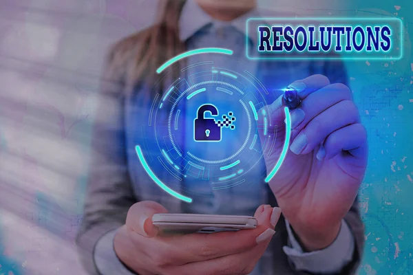 Conceptual hand writing showing Resolutions. Business photo text the act of analyzing a complex notion into simpler ones Graphics padlock for web data security application system. — Stock Photo, Image