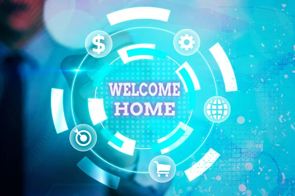 Schreibnotiz mit Willkommen zu Hause. Geschäftsfotos mit Expression Greetings New Owners Domicile Doormat Entry Information Digital Technology Network infografische Elemente. — Stockfoto