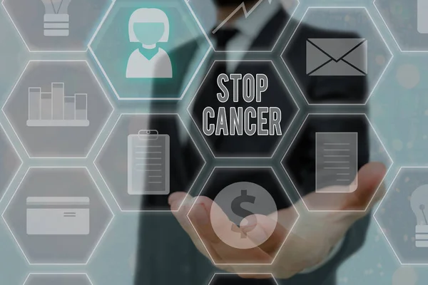 Handwriting text writing Stop Cancer. Concept meaning prevent the uncontrolled growth of abnormal cells in the body Grids and different set up of the icons latest digital technology concept. — Stock Photo, Image