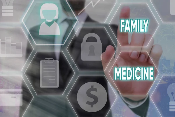 Az SMS-ben családi orvoslás van. Fogalmi fotó átfogó egészségügyi ellátás az egyéni és családi rácsok és a különböző létrehozott ikonok legújabb digitális technológia koncepció. — Stock Fotó