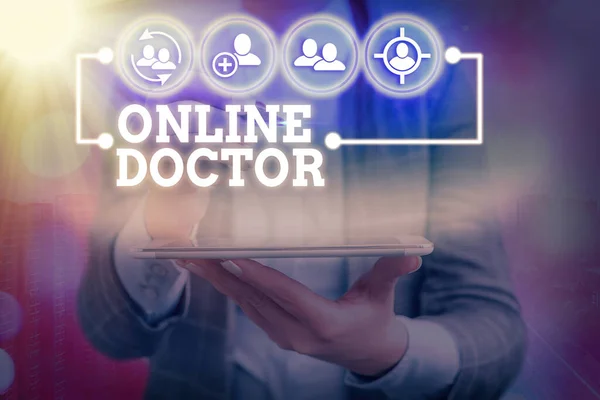 Writing note showing Online Doctor. Business photo showcasing health practitioners who deliver healthcare over the internet Information digital technology network infographic elements. — Stock Photo, Image