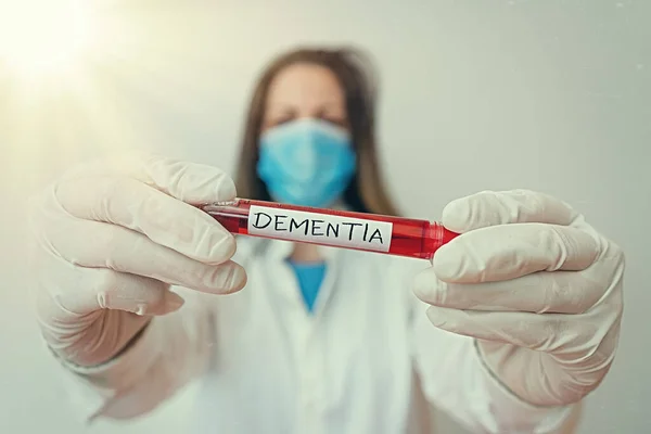 Writing note showing Dementia. Business photo showcasing usually, a progressive condition marked by multiple deficits Laboratory blood test sample for medical diagnostic analysis. — Stock Photo, Image