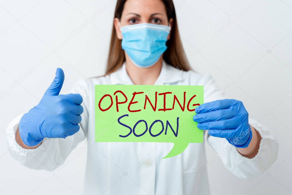Word writing text Opening Soon. Business concept for Going to be available or accessible in public anytime shortly Laboratory technician featuring empty sticker paper accessories smartphone.