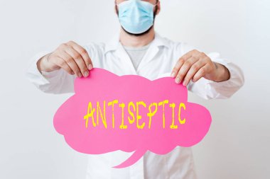 Antiseptik gösteren kavramsal el yazısı. Sticker Paper Smartphone kullanan mikroorganizma laboratuvar teknisyenini geciktiren ya da tamamen ortadan kaldıran iş fotoğrafı antimikrobiyal ajanslar.