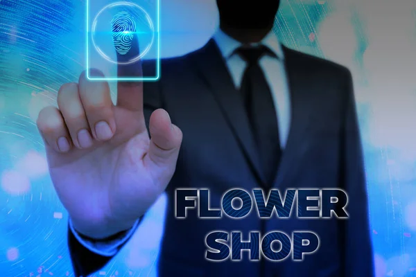 손으로 쓴 글은 꽃 가게를 보여 주고 있다. 선물용 정보 디지털 기술 네트워크 인포 그래픽 요소들을 위한 장식물을 판매하는 사업 사진 문자. — 스톡 사진
