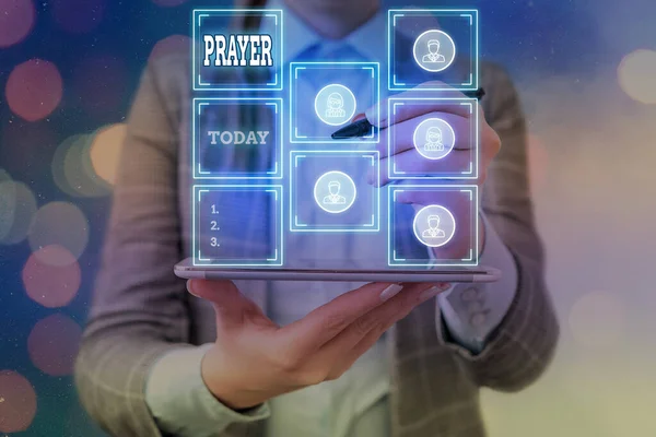 Word writing text Prayer. Business concept for solemn request for help or expression of thanks addressed to God Grids and different set up of the icons latest digital technology concept. — Stock Photo, Image