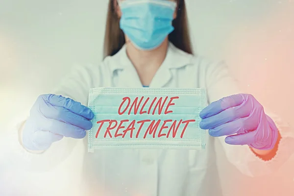 Text sign showing Online Treatment. Conceptual photo providing mental health services over the internet Laboratory blood test sample shown for medical diagnostic analysis result. — Stock Photo, Image