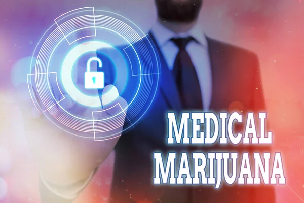 Skriva text Medicinsk Marijuana. Begreppet menas endast receptbelagt och används för att behandla sjukdom Grafik hänglås för webbdata säkerhet applikationssystem. — Stockfoto