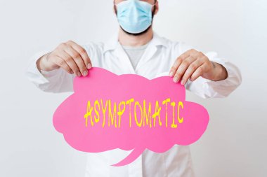 Conceptual hand writing showing Asymptomatic. Business photo text a condition or an individual producing or showing no symptoms Laboratory Technician Featuring Sticker Paper Smartphone. clipart