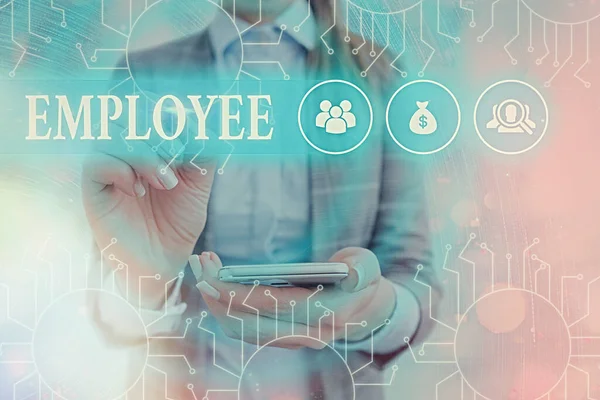 Text sign showing Employee. Conceptual photo one employed by another usually for wages or salary below the executive System administrator control, gear configuration settings tools concept. — Stock Photo, Image