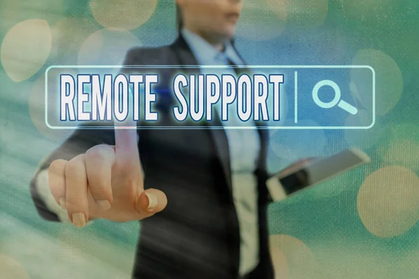 Conceptual hand writing showing Remote Support. Business photo text type of secure service, which permits representatives to help Web search digital futuristic technology network connection. — Stock Photo, Image