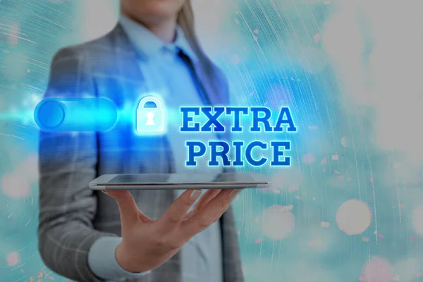 Signo de texto mostrando precio extra. Conceptual foto precio extra definición más allá de la ordinaria gran grado Gráficos candado para la web de datos sistema de aplicación de seguridad de la información. — Foto de Stock