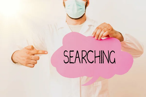 Writing note showing Searching. Business photo showcasing look into or over carefully or thoroughly in an effort to find Laboratory Technician Featuring Sticker Paper Smartphone. — Stock Photo, Image