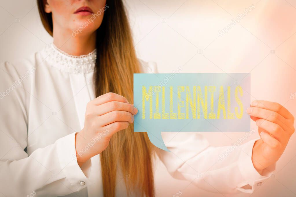 Writing note showing Millennials. Business photo showcasing an individual reaching young adulthood in the early 21st century Displaying different color mock up notes for emphasizing content.