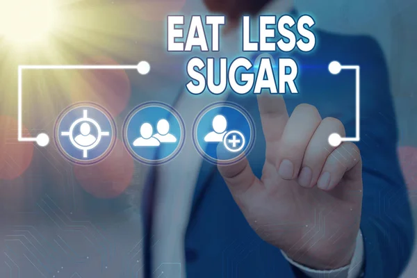 Χειρόγραφο κείμενο γράφοντας Τρώτε λιγότερη ζάχαρη. Έννοια σημαίνει μείωση της πρόσληψης σακχάρων και διατροφή πλούσια σε τροφές Πληροφορίες ψηφιακή τεχνολογία δίκτυο σύνδεσης infographic στοιχεία εικονίδιο. — Φωτογραφία Αρχείου
