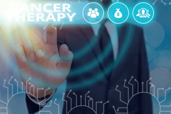 Writing note showing Cancer Therapy. Business photo showcasing the treatment of cancer in a patient often with chemotherapy System administrator control, gear configuration settings tools concept. — Stock Photo, Image