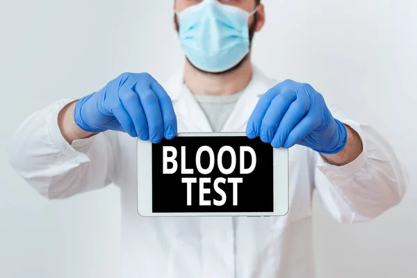 Text sign showing Blood Test. Conceptual photo Extracted blood sample from an organism to perfom a laboratory analysis Laboratory Technician Featuring Empty Sticker Paper Accessories Smartphone. Royalty Free Stock Images