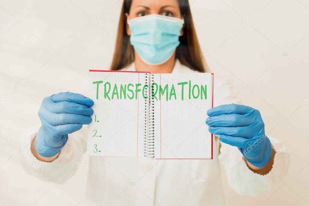 Word writing text Transformation. Business concept for process, or instance of transforming or being transformed Laboratory technician featuring empty sticker paper accessories smartphone.