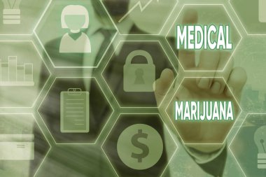 Tıbbi Marihuana 'yı gösteren bir mesaj. Kavramsal fotoğraf sadece reçeteyle bulunabilir ve hastalıkların tedavisinde ve ikonların en son dijital teknoloji konseptinin farklı kurulumlarında kullanılır..