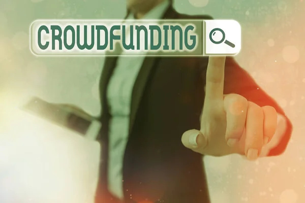Conceptual hand writing showing Crowdfunding. Business photo text practice obtaining needed funding by soliciting contributions Web search digital futuristic technology network connection. — Stock Photo, Image
