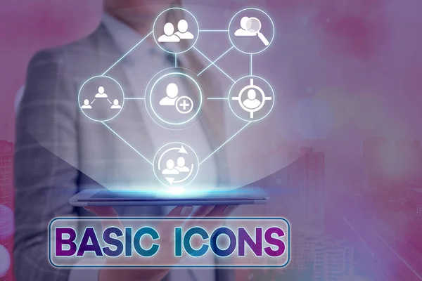 Text sign showing Basic Icons. Conceptual photo pictogram or ideogram displayed on a computer screen or phone Information digital technology network connection infographic elements icon. — Stock Photo, Image