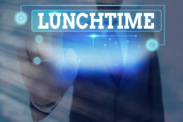 Konceptualny rękopis pokazujący czas lunchu. Biznes zdjęcie tekst czas, w którym lunch jest zwykle jedzone: NOON, 12 godzina zegara Informacja cyfrowa technologia sieci elementy infograficzne. — Zdjęcie stockowe