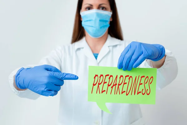 Text sign showing Preparedness. Conceptual photo quality or state of being prepared in case of unexpected events Laboratory technician featuring empty sticker paper accessories smartphone. — Stock Photo, Image