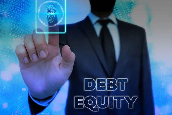 Konceptualne ręczne pisanie ukazujące Dług Equity. Biznes fotomontaż tekst dzielący zobowiązania ogółem przez akcjonariuszy Informatyka Sieć informatyczna elementy infograficzne. — Zdjęcie stockowe