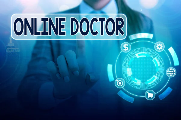 Word writing text Online Doctor. Business concept for health practitioners who deliver healthcare over the internet Information digital technology network connection infographic elements icon. — Stock Photo, Image
