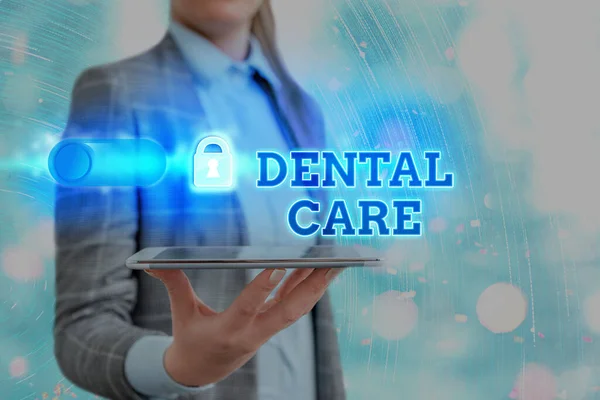 Signo de texto que muestra Cuidado Dental. Mantenimiento conceptual de la foto de dientes sanos o para mantenerlo limpio para el futuro Candado de gráficos para el sistema de aplicación de seguridad de información de datos web. — Foto de Stock