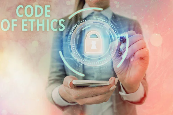 Text sign showing Code Of Ethics. Conceptual photo basic guide for professional conduct and imposes duties Graphics padlock for web data information security application system. — Stock Photo, Image