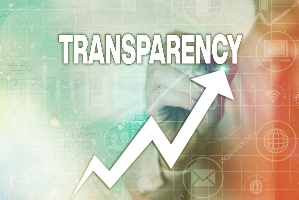Writing note showing Transparency. Business photo showcasing something transparent especially a picture viewed by light Arrow symbol going upward showing significant achievement.