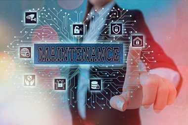 Writing note showing Maintenance. Business photo showcasing the process of maintaining or preserving someone or something System administrator control, gear configuration settings tools concept. clipart